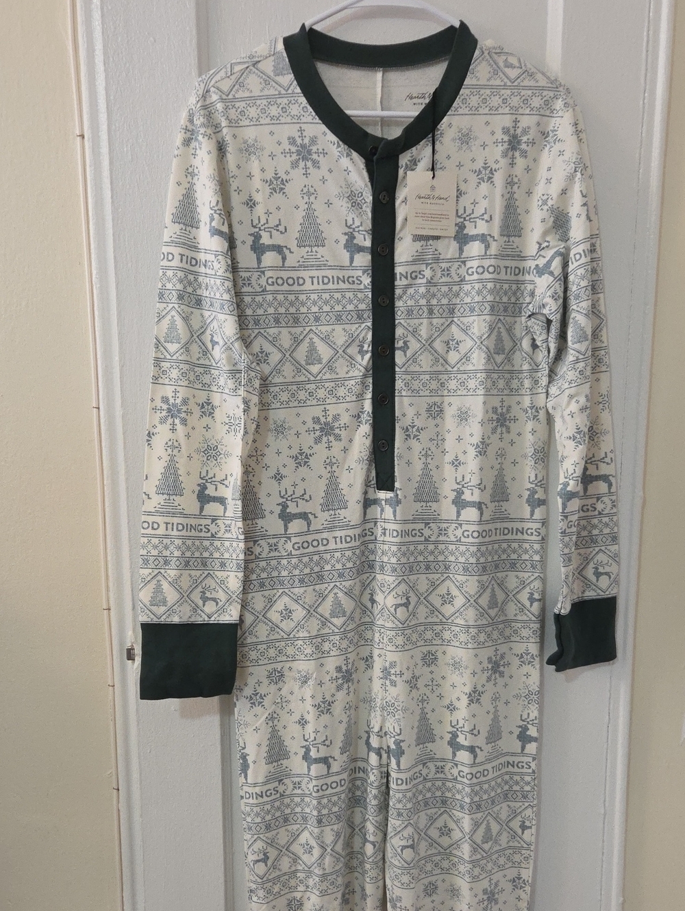 Hearth & Hand NWT Cream Dark Green Holiday Reindeer One-Piece Pajama Sz Small